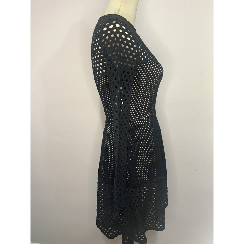 BCBG MAXAZRIA Black Mesh Eyelet Long Sleeve Fit Flare Dress XS Gothic Cocktail - Picture 8 of 14